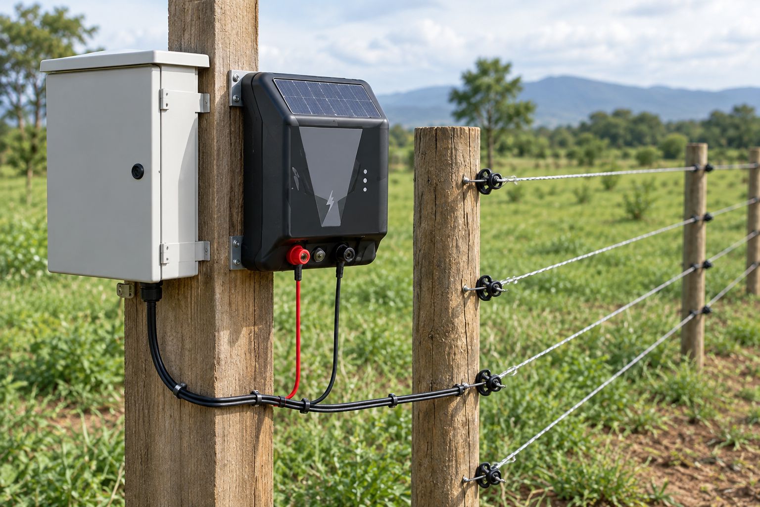 Generic fence energizer beside a power enclosure and perimeter fence