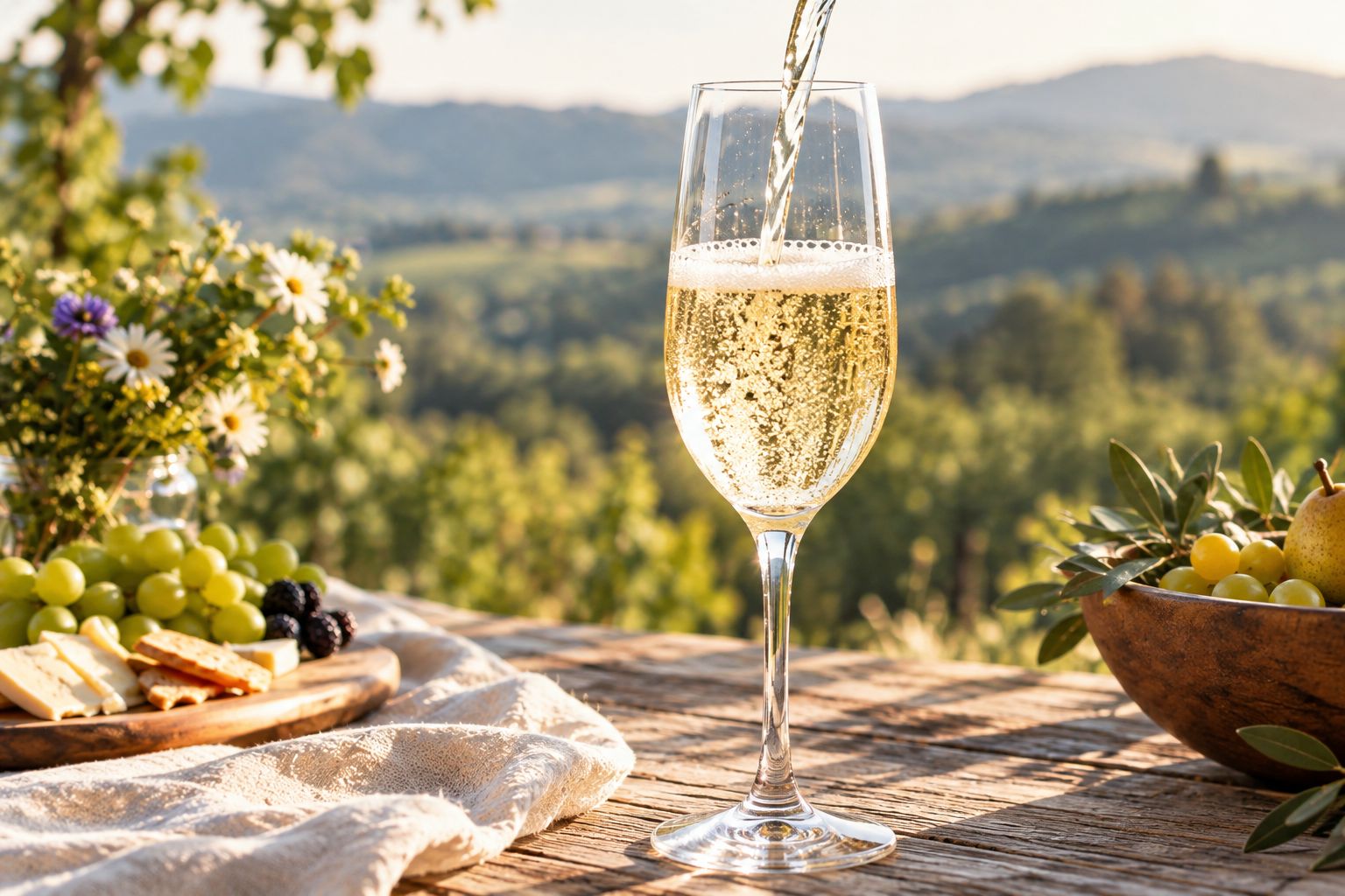 Glass being poured with hazy, lightly effervescent natural wine