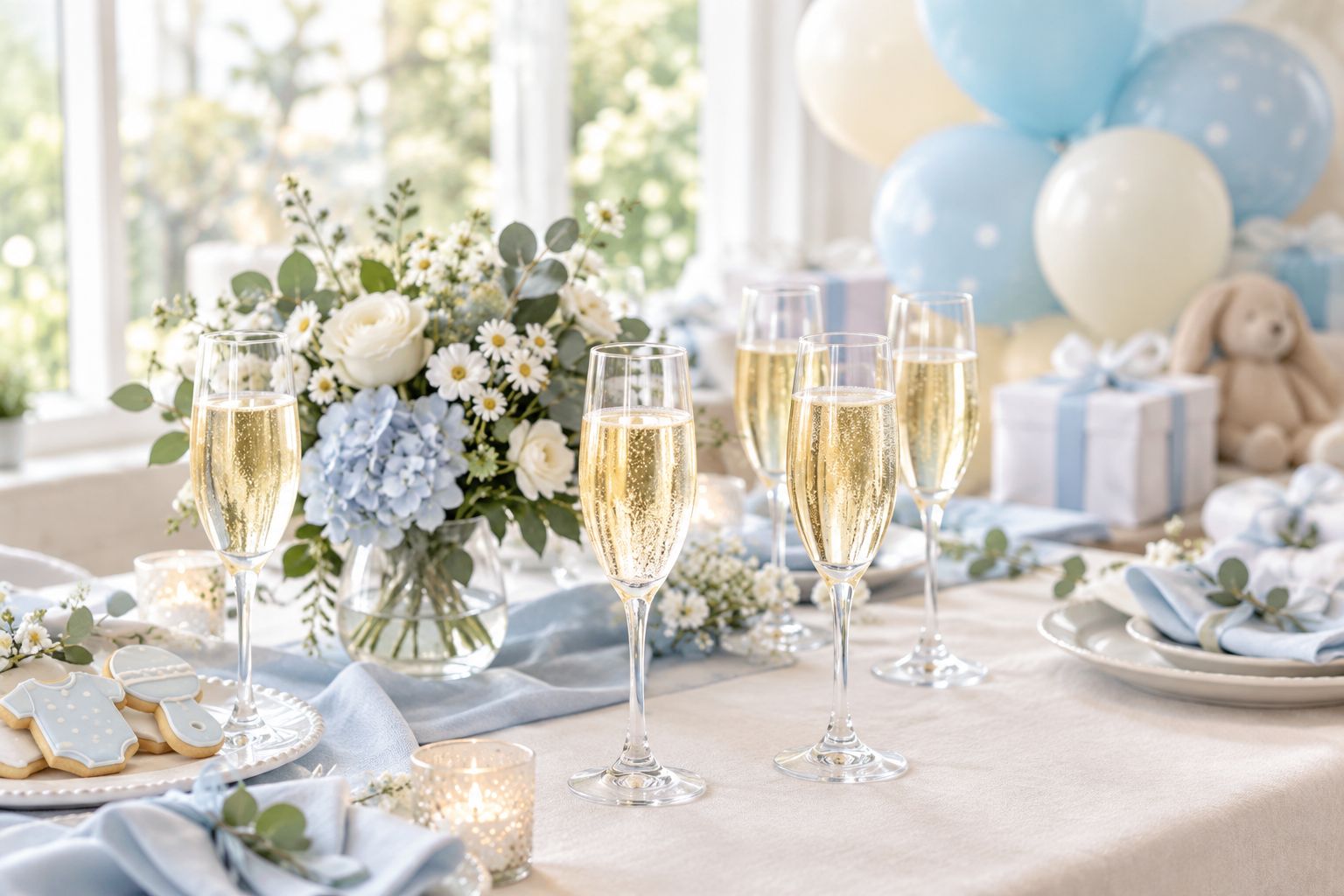 Baby shower table set with flutes of sparkling wine and pastel decor