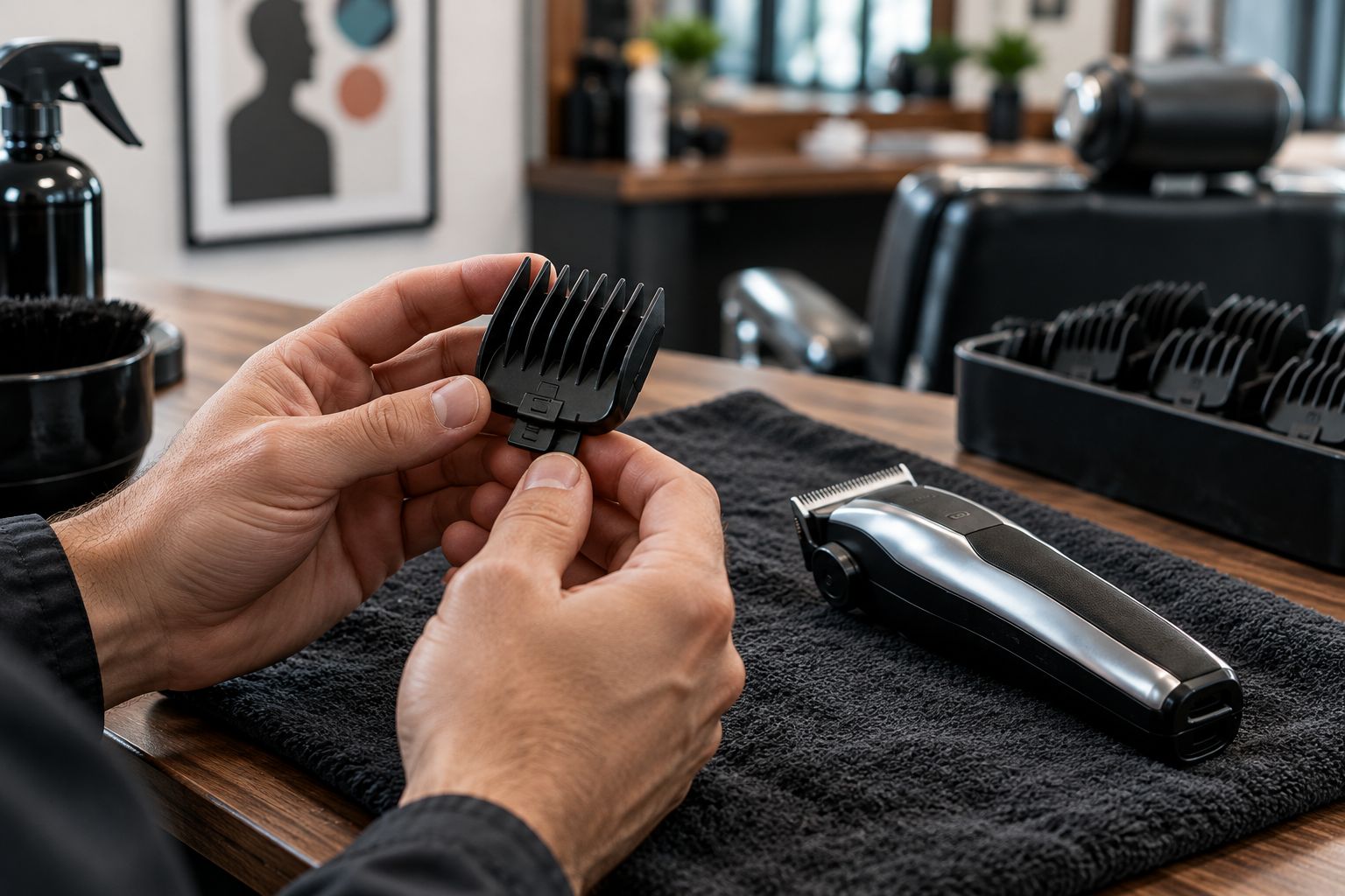 Barber inspecting attachment-comb teeth and the retaining clip before fitting it