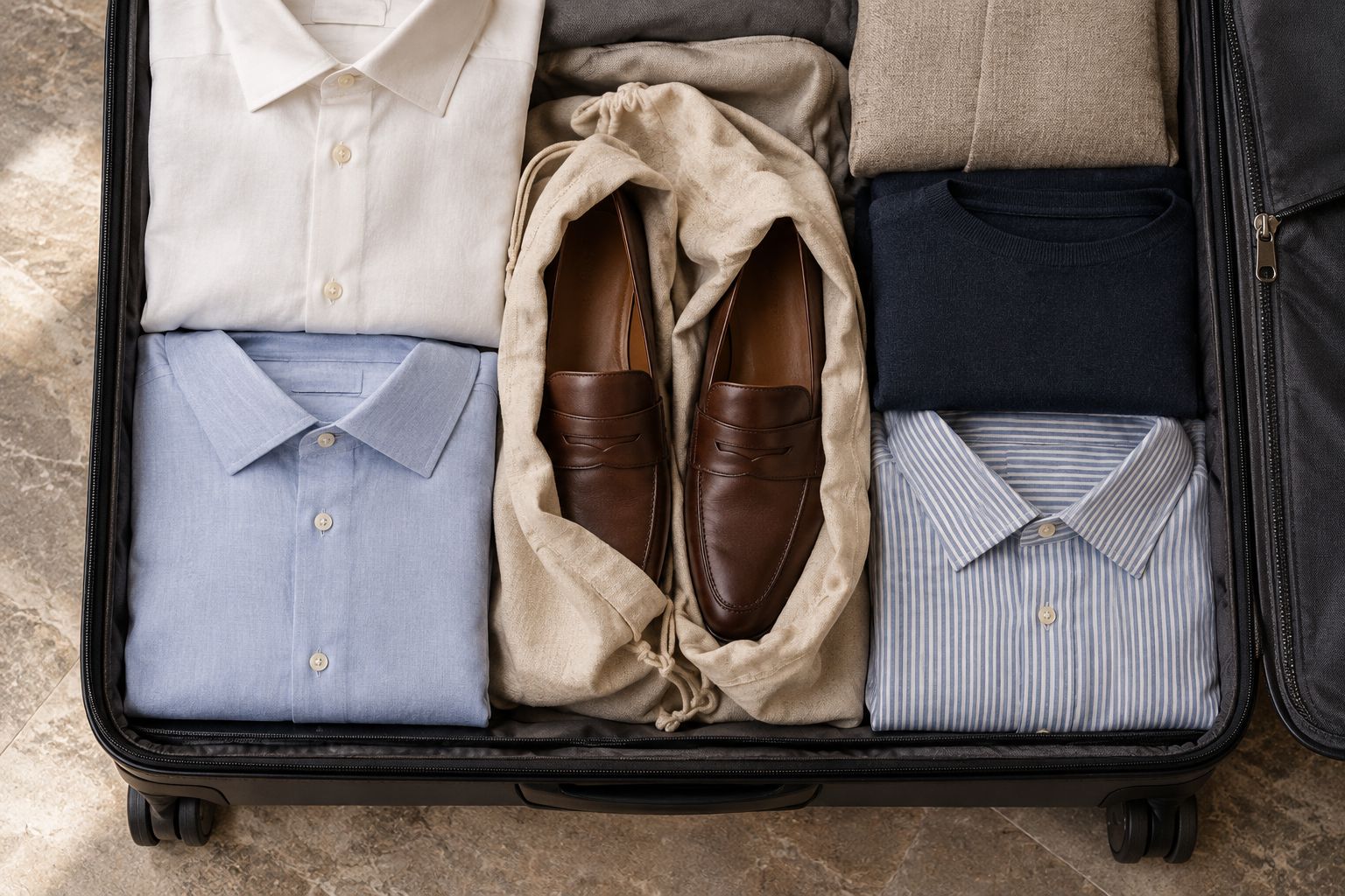 Leather loafers in dust bags packed inside a carry-on suitcase