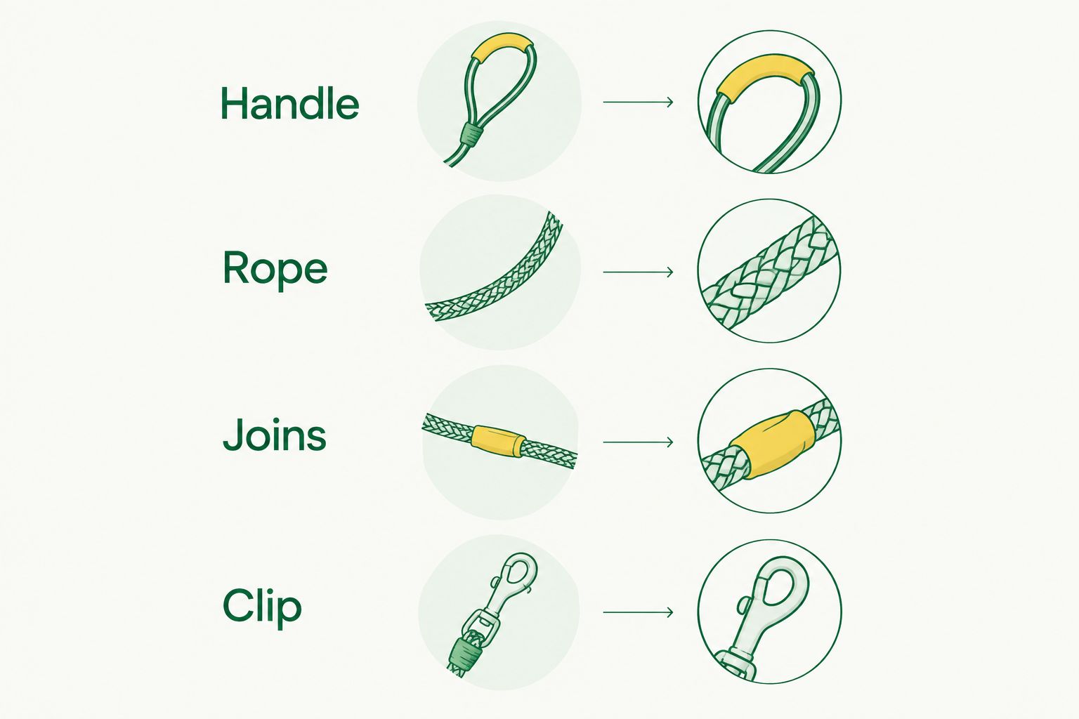 Inspection sequence covering the leash handle, rope, attachment joins, and clip