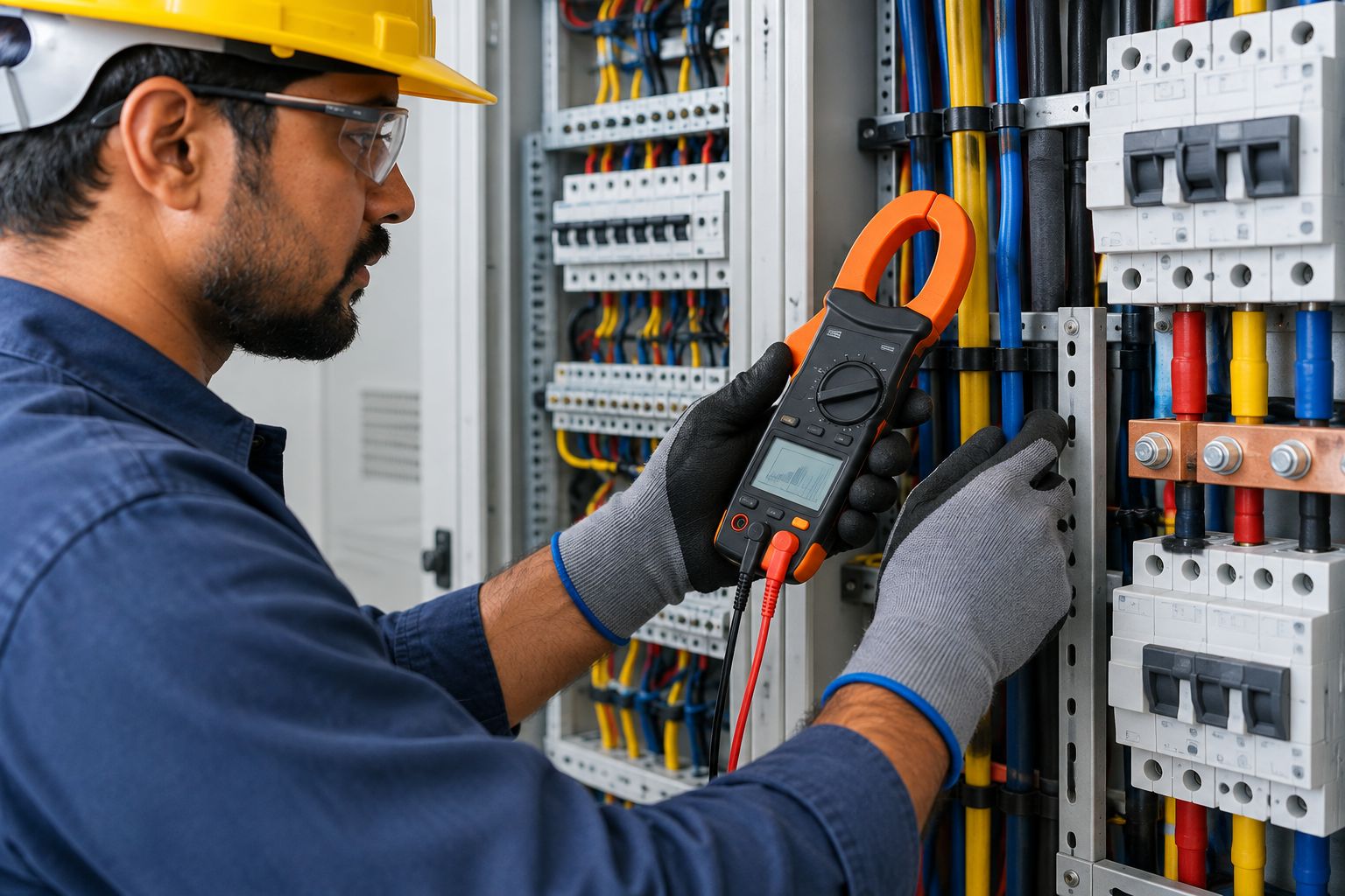 Electrician placing a digital clamp meter around one conductor in an industrial panel