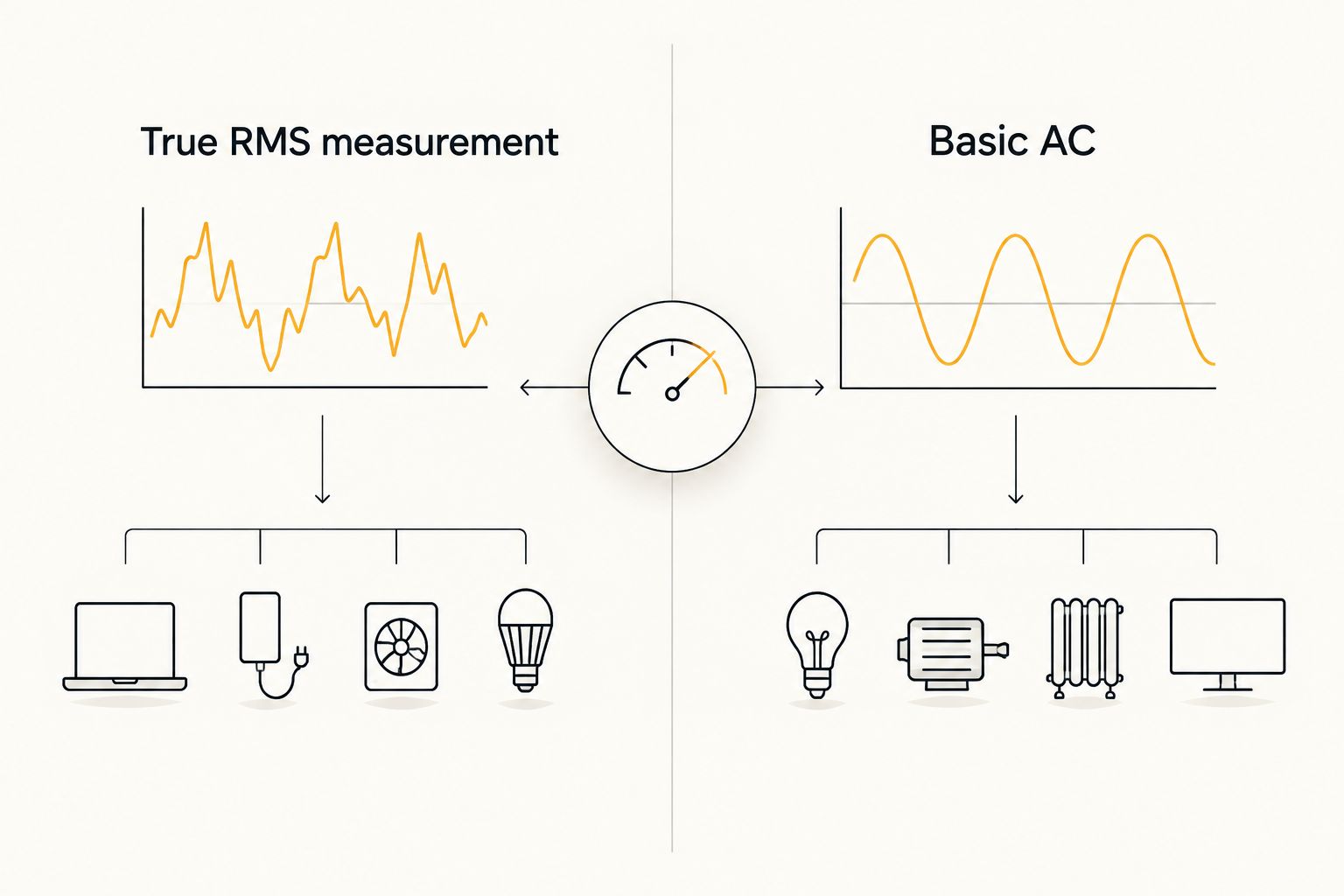 Comparison of True RMS measurement for non-linear loads and basic AC measurement for linear loads