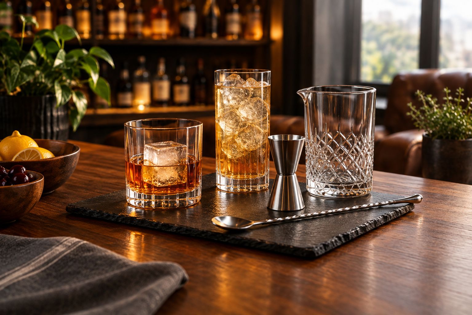 Rocks glass, highball glass, mixing glass, jigger, and bar spoon on a home bar