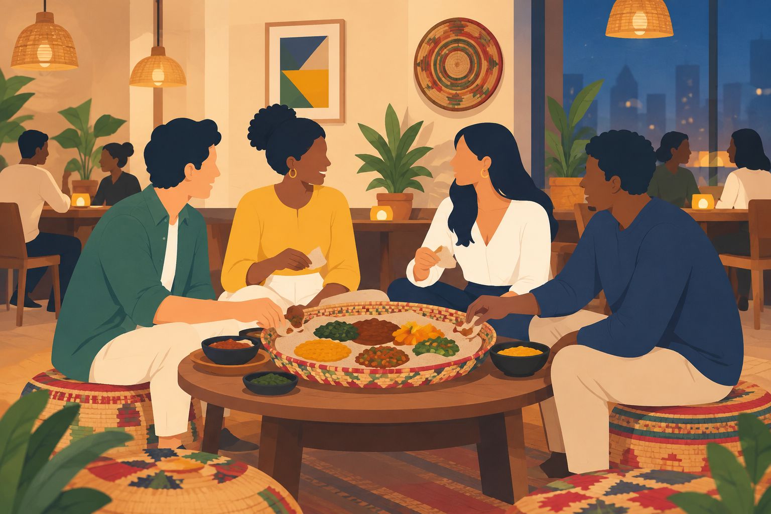 Diners in casual clothing sharing an Ethiopian meal at a communal table