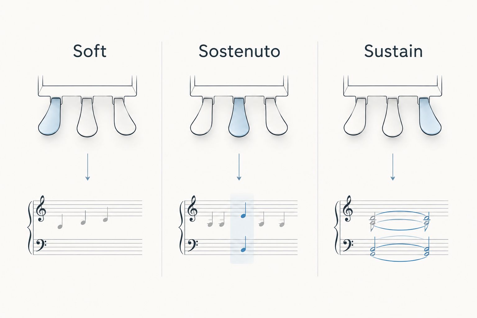 Three piano pedal functions: soft on the left, sostenuto in the middle, and sustain on the right.