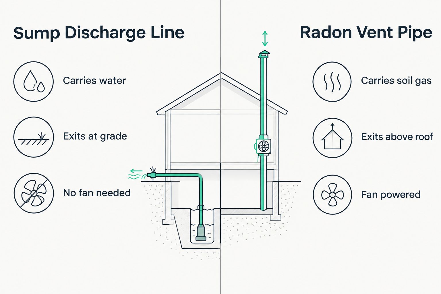 Comparison of sump discharge line versus radon vent pipe functions