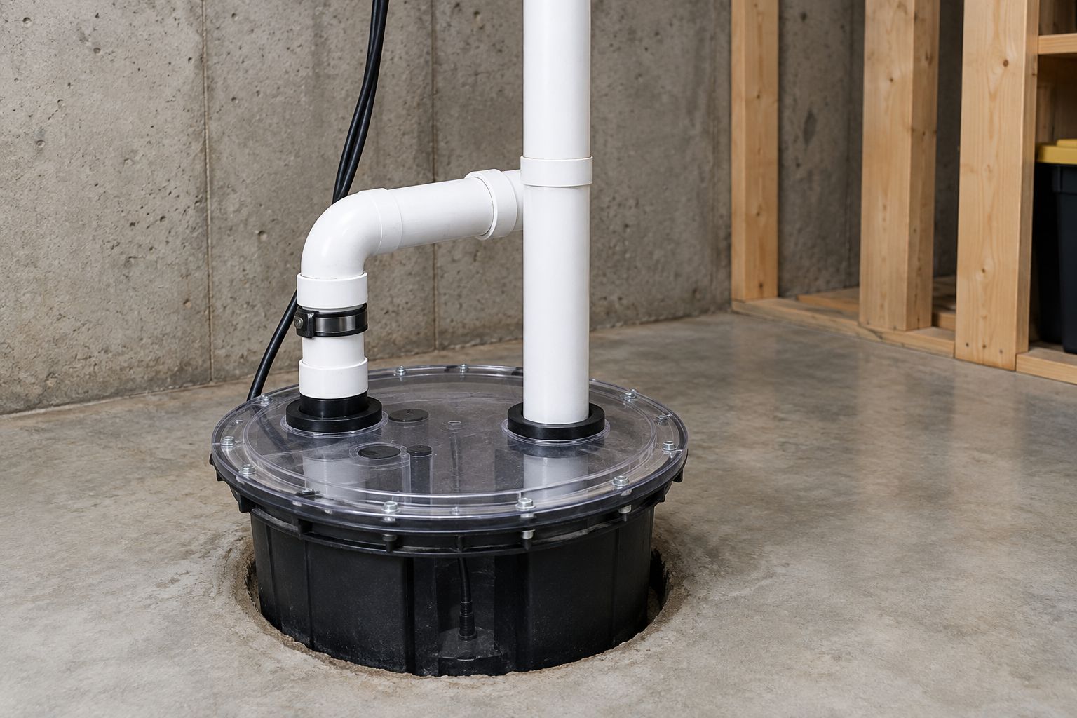 Airtight sump pit lid with PVC radon vent pipe passing through a sealed grommet