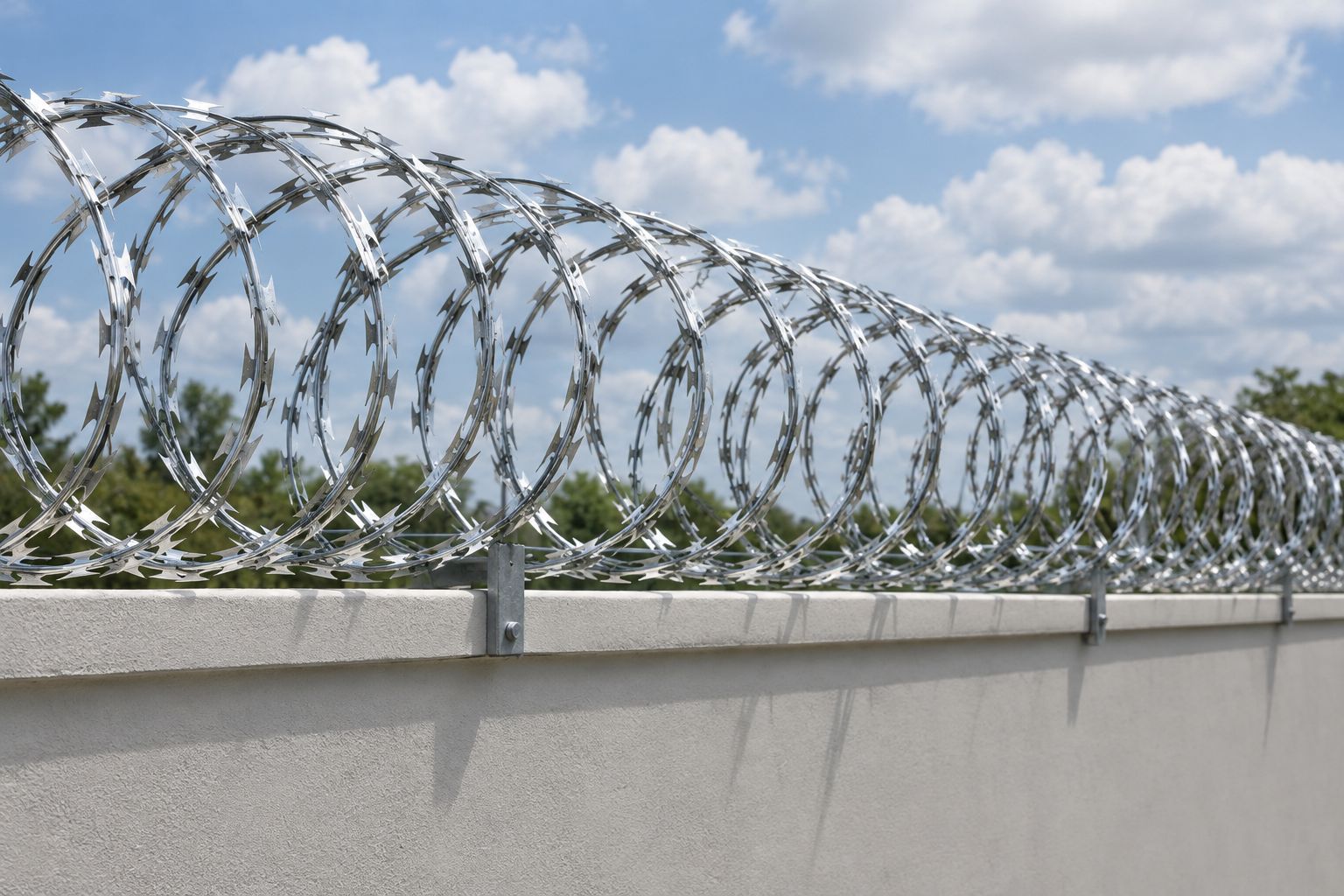 Coil of razor wire installed along the top of a perimeter wall