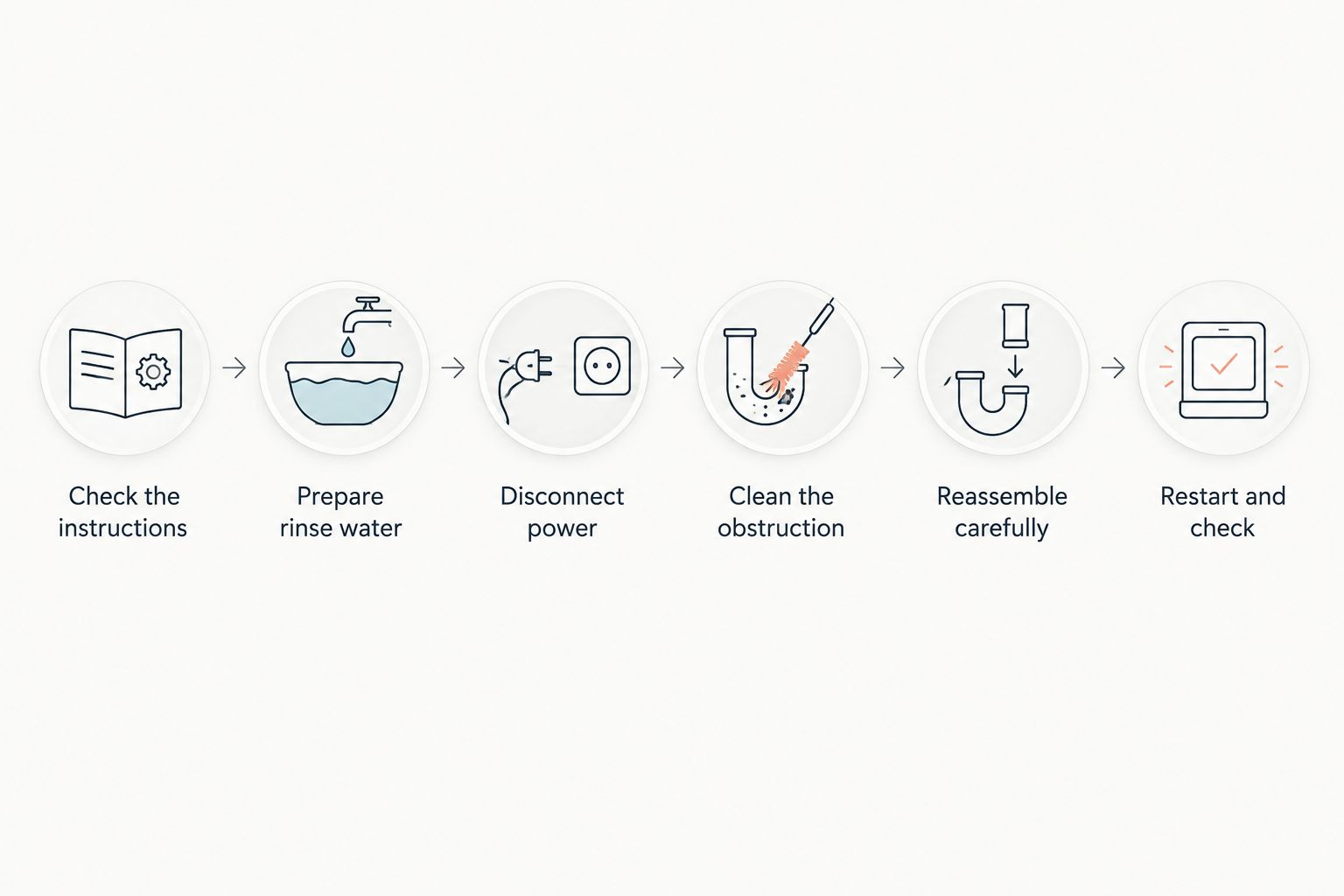Filter cleaning sequence from checking instructions to restarting and checking water flow