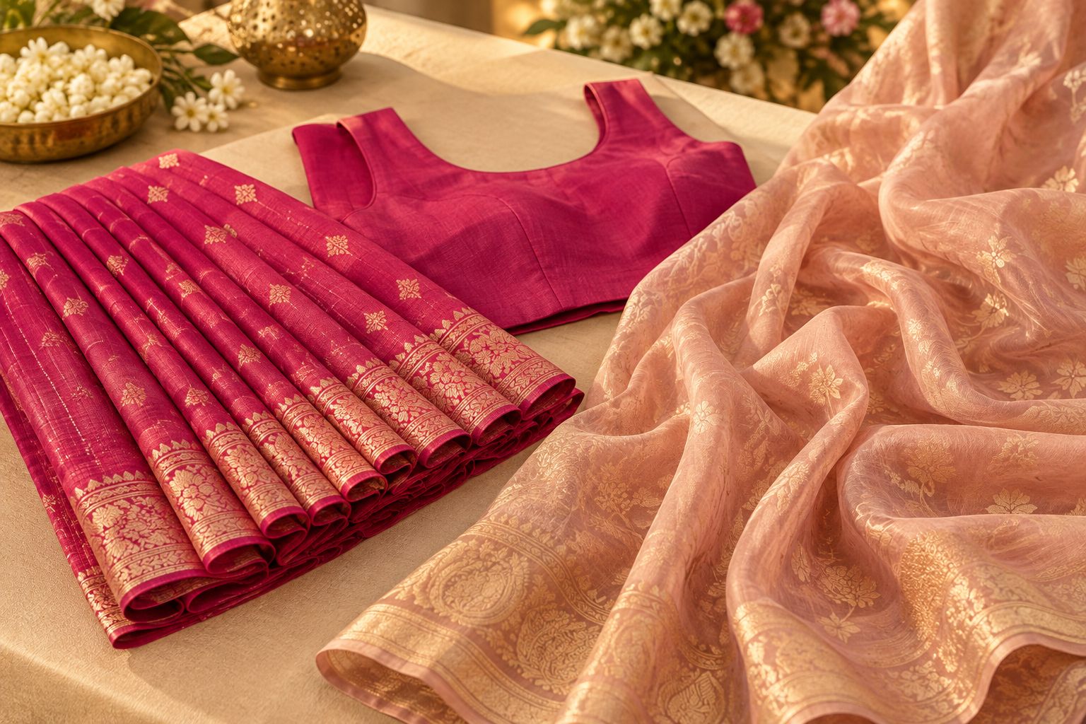 Structured cotton pleats beside softer fabric folds and a plain saree blouse