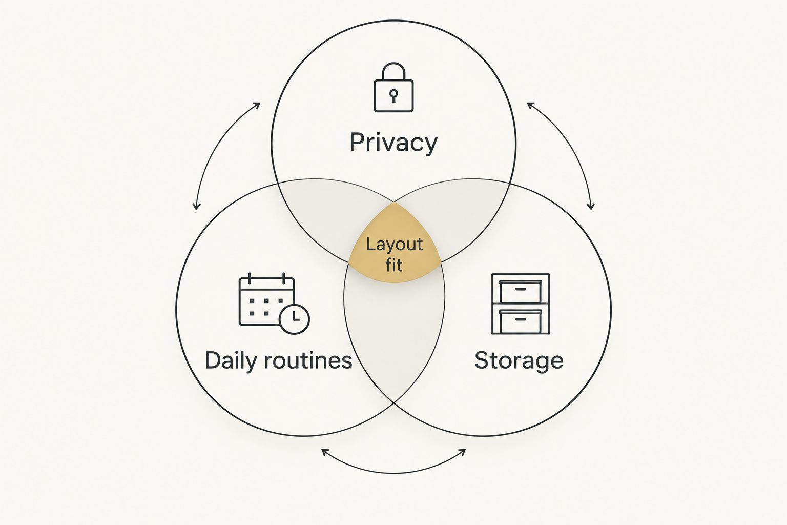 Overlapping privacy, daily routines, and storage priorities show how a primary suite layout fits your life.