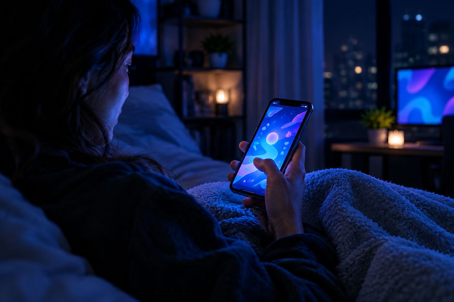 Phone glowing in a dark room during a late-night gaming session