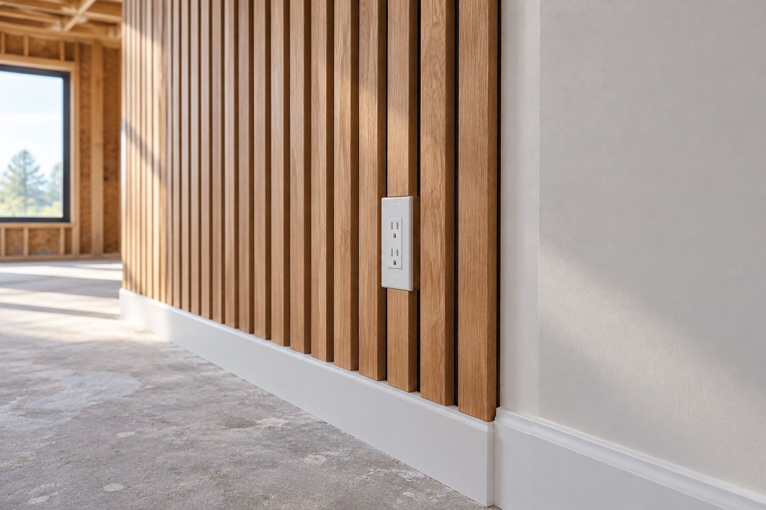 Wood slat wall mockup showing an outlet, painted-wall transition, and baseboard junction