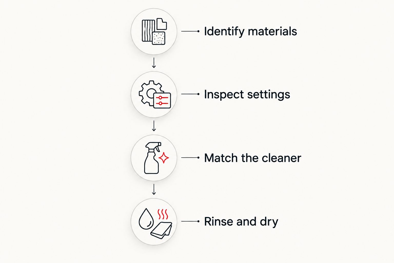 Cleaning sequence: identify materials, inspect settings, match the cleaner, then rinse and dry.