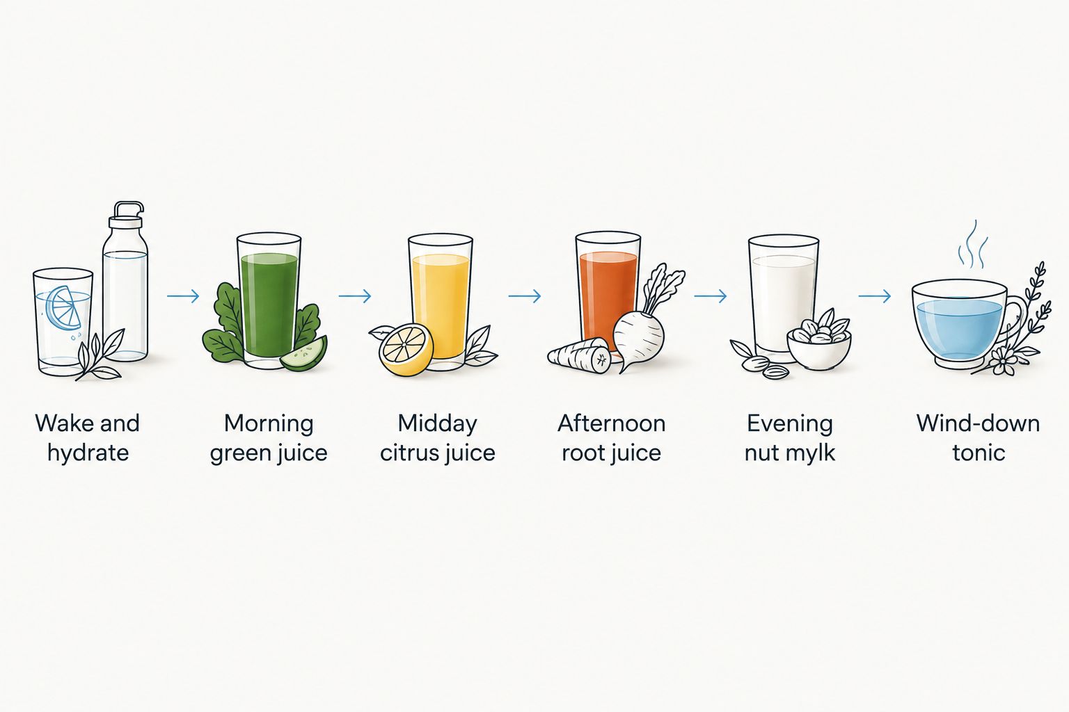 Six-step sequence of a beginner juice cleanse day from morning to evening