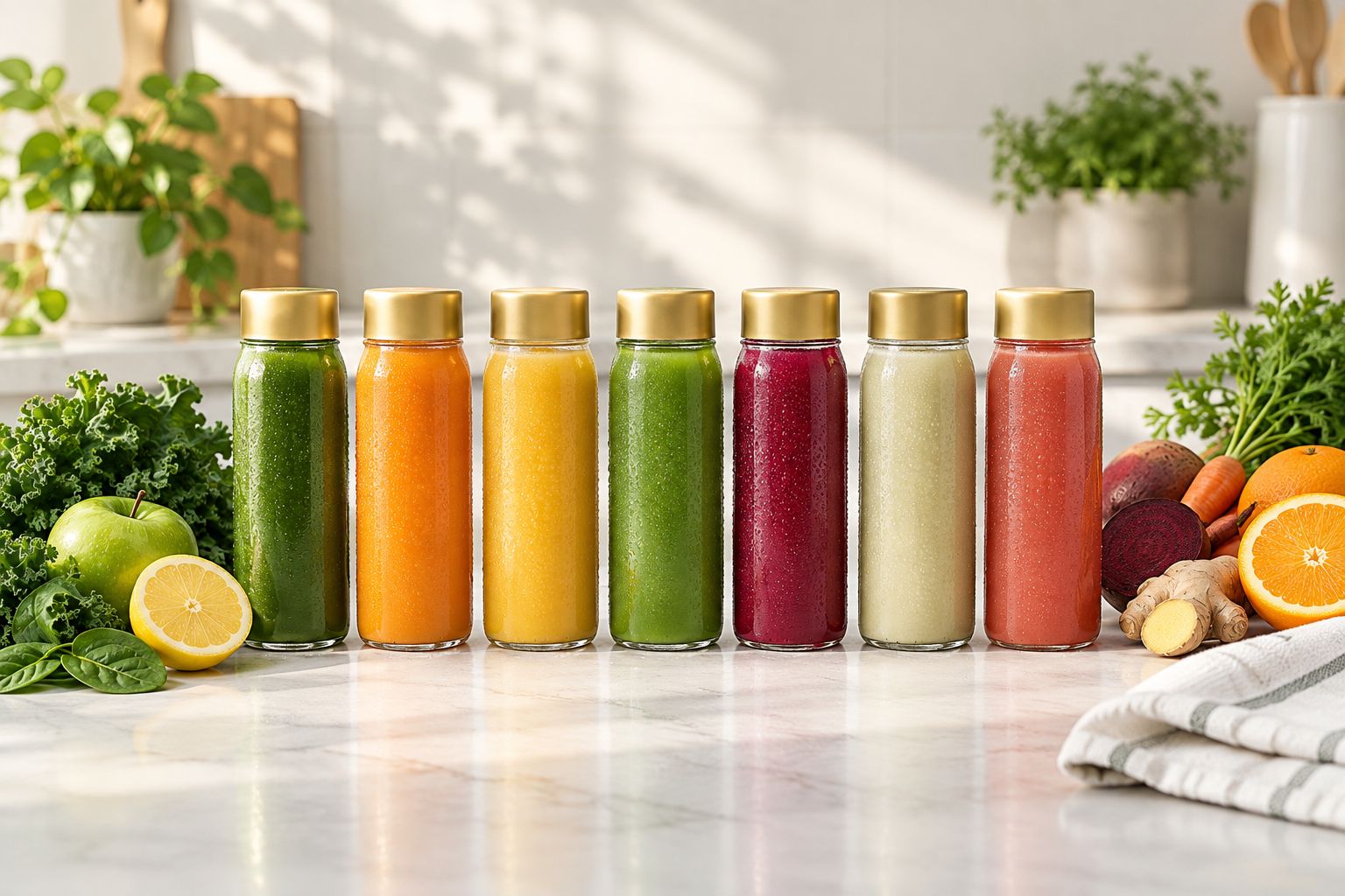 Seven cold-pressed juice bottles lined up on a kitchen bench in morning light