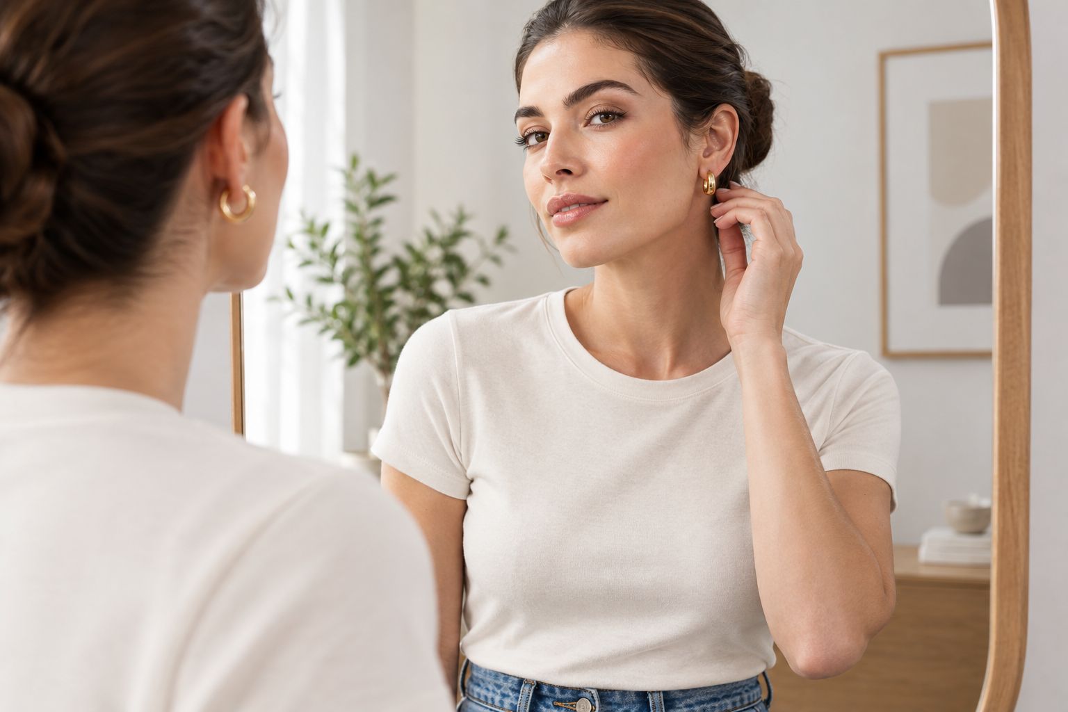 Mulher com camiseta lisa, jeans e brincos em destaque, mantendo o pescoço sem colar.