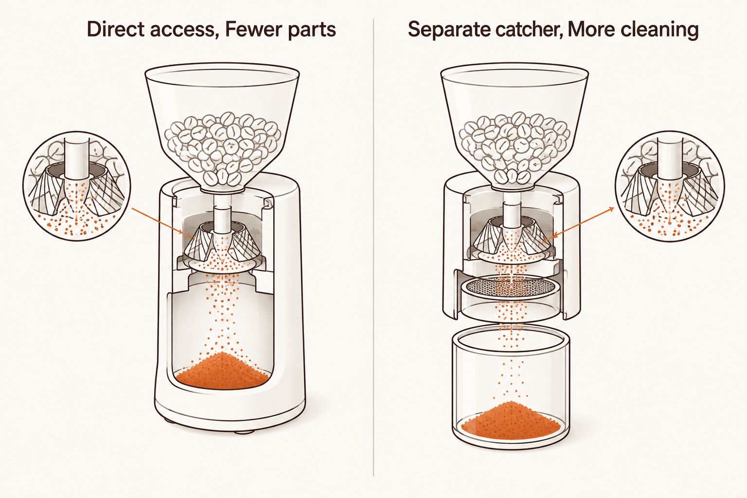 Two-column diagram showing fine particles mixed in a grinder or collected below a screen