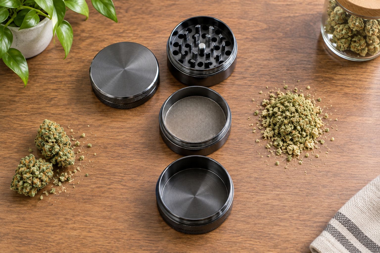 Disassembled grinder showing a mesh screen above its lower collection compartment