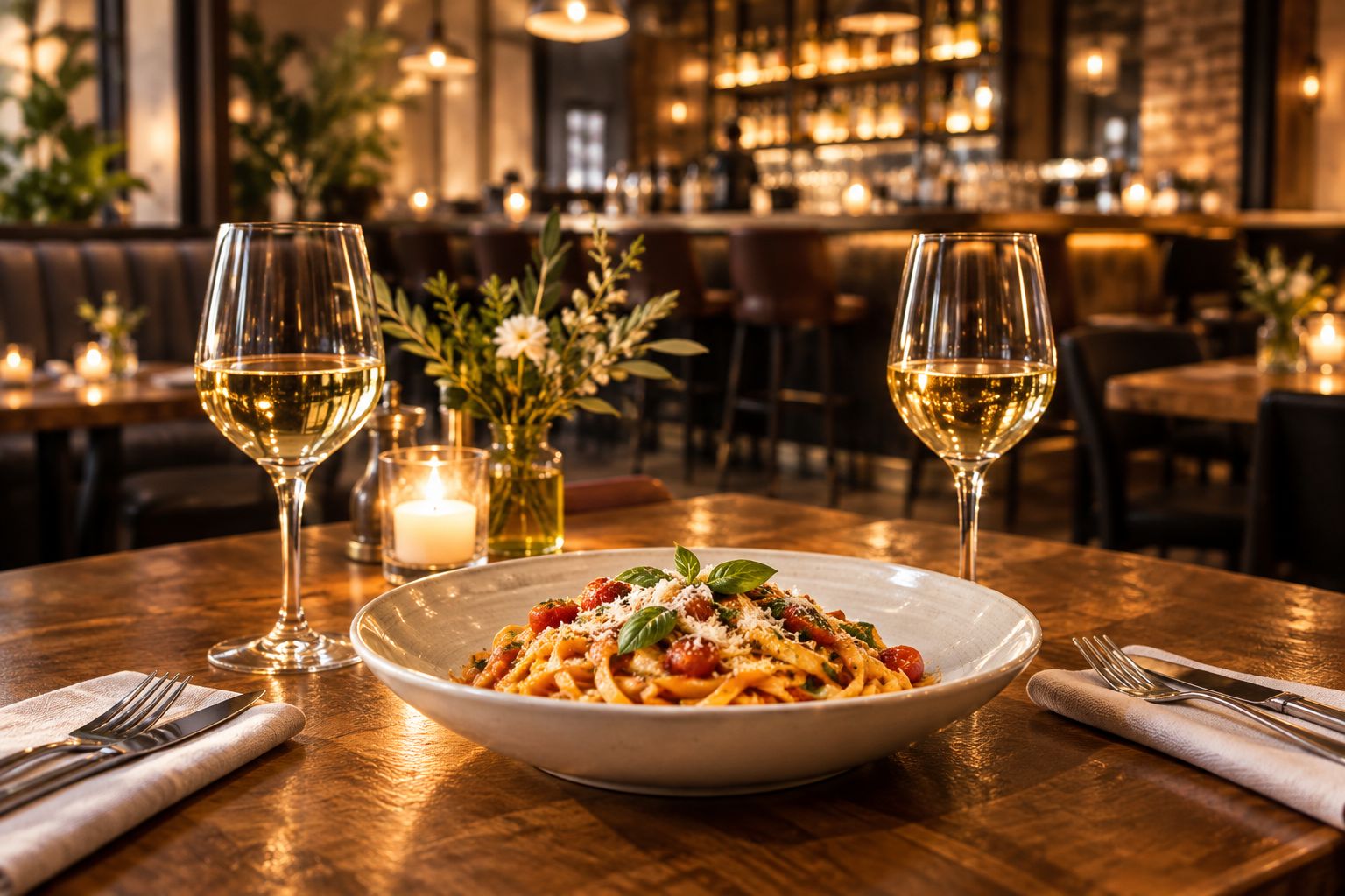 Two-person dinner table in a warmly lit modern Italian restaurant