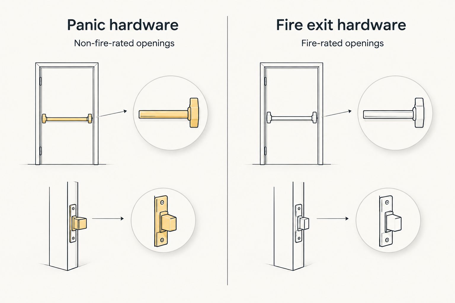 Comparison of panic hardware for non-fire-rated openings and fire exit hardware for fire-rated openings
