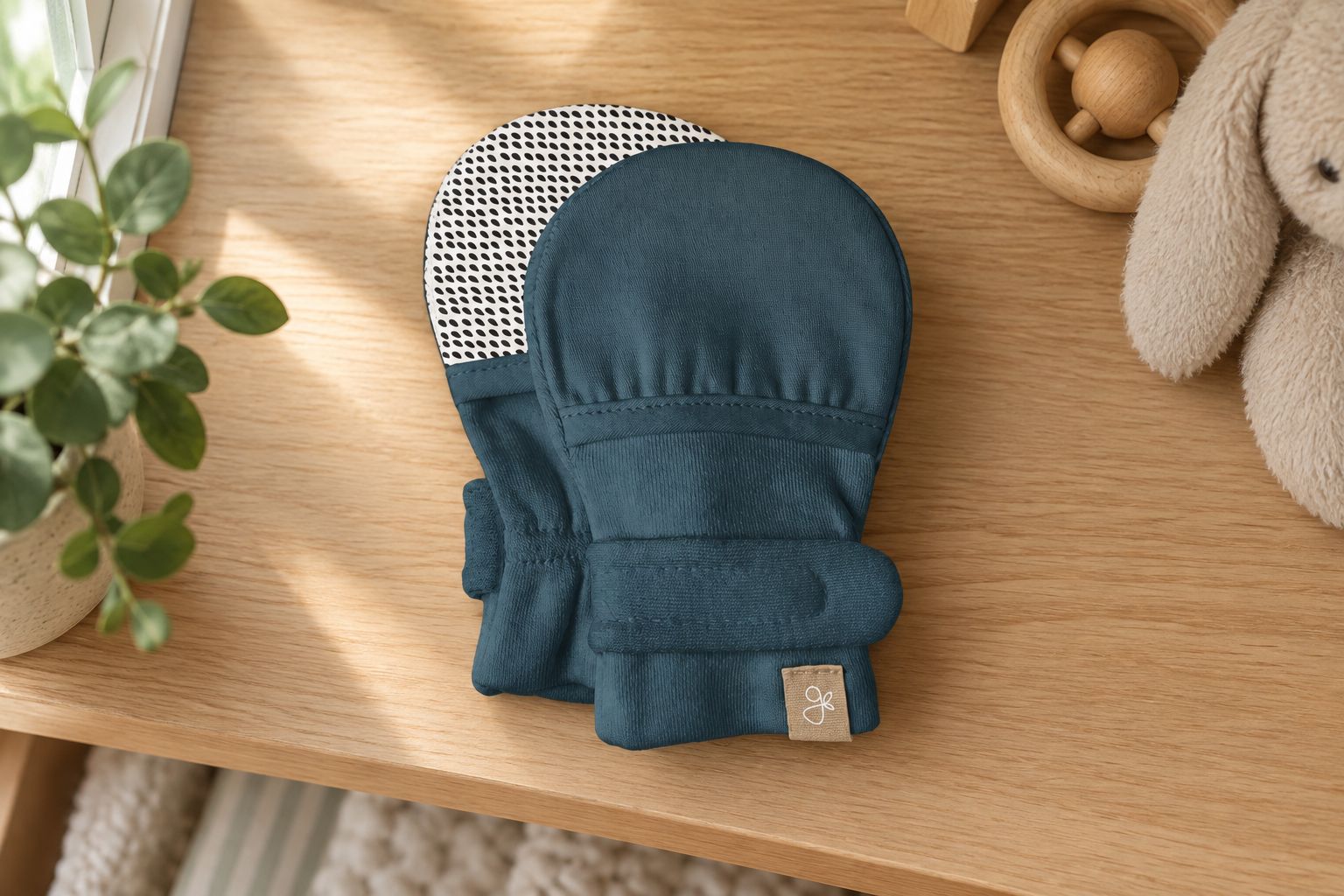 Stay-on baby mittens laid flat on a nursery shelf