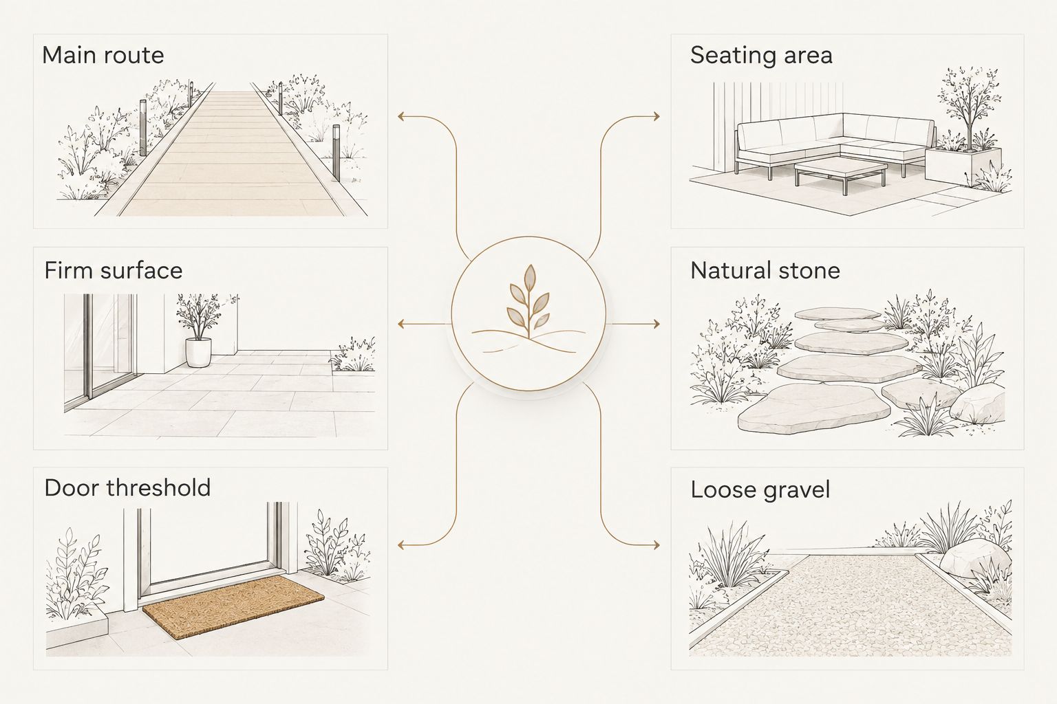 Comparison of firm patio access at the house and material choices for a separate seating area