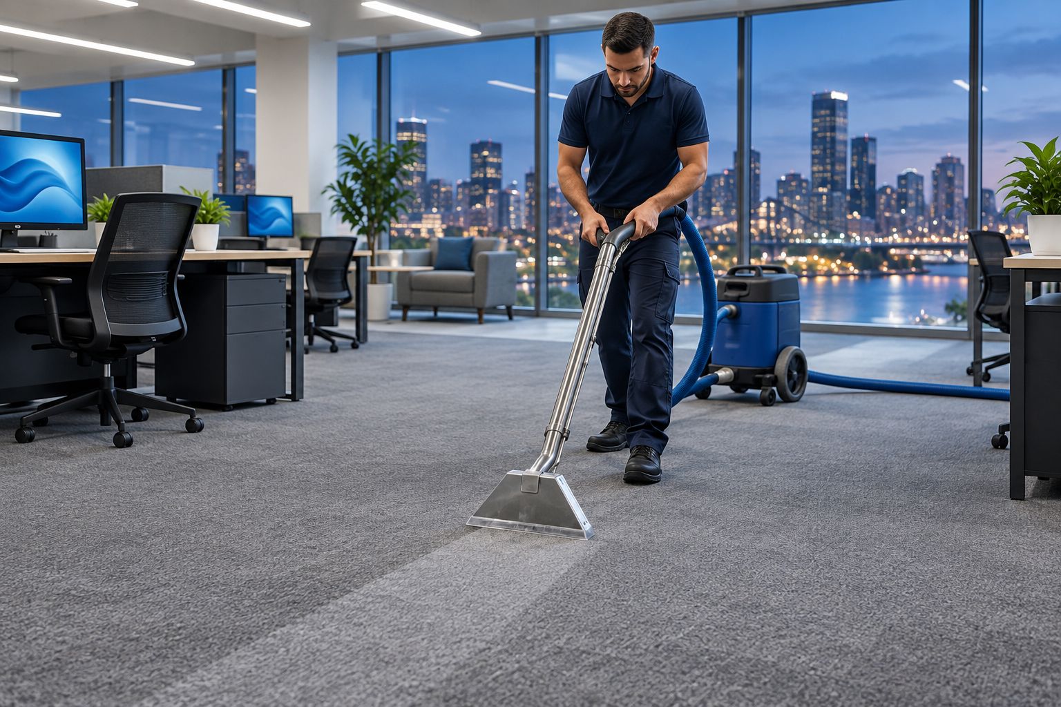 Technician steam cleaning commercial office carpet after hours