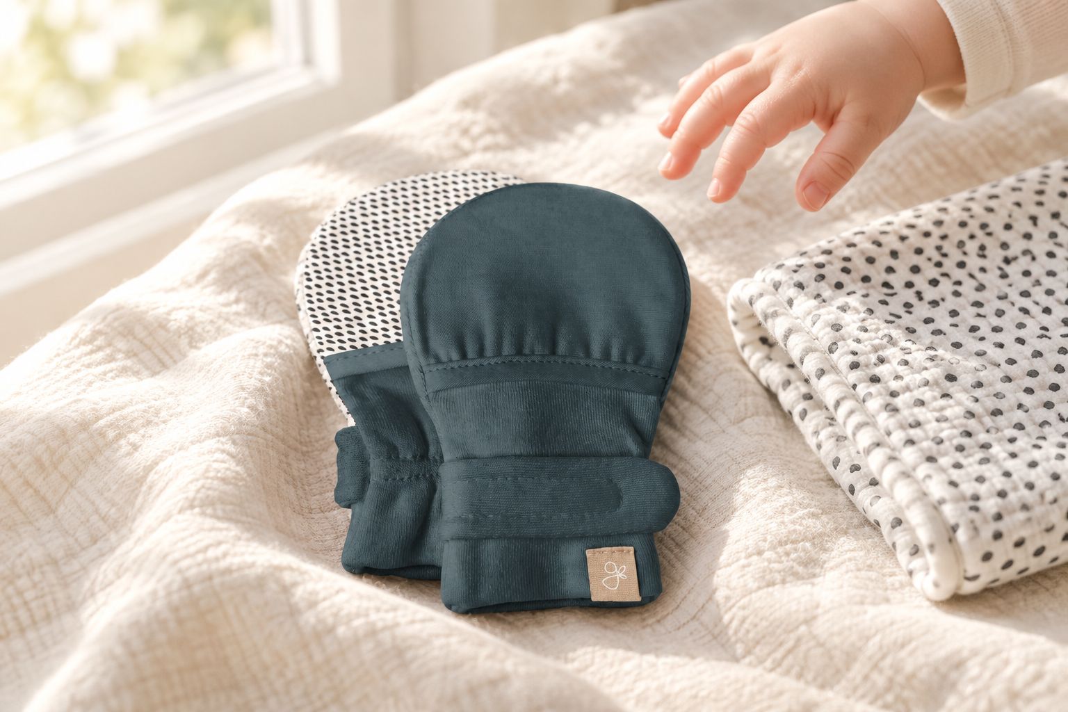 Stay-on baby mitts in Midnight resting on a neutral blanket