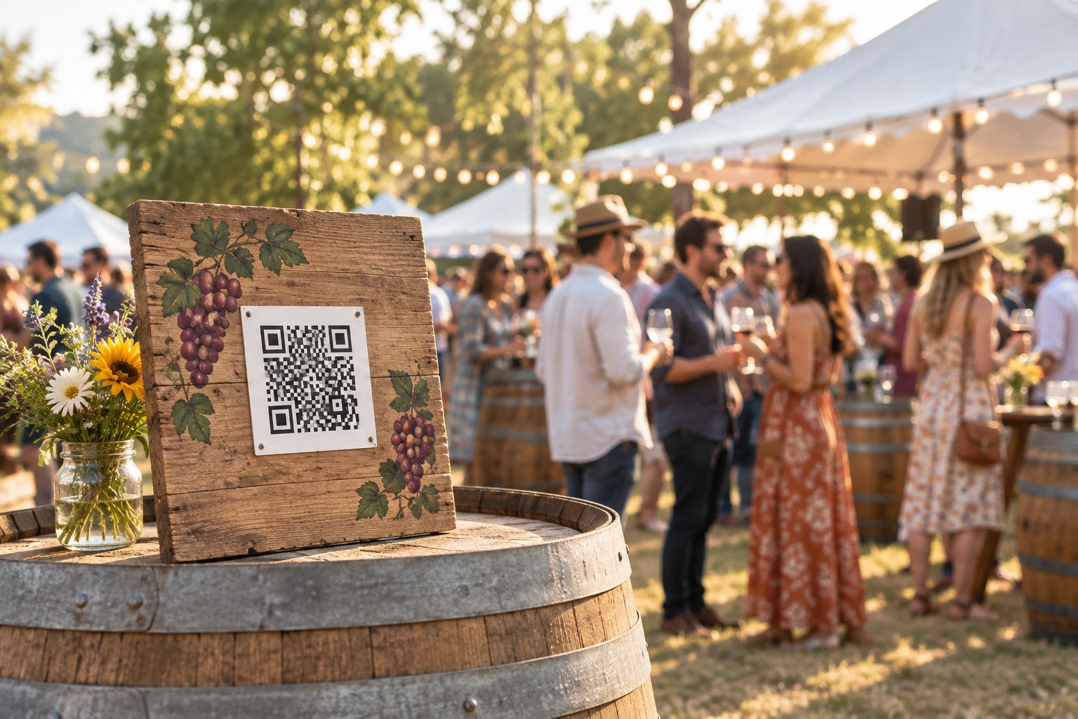 QR code sign on a wine barrel at a festival tasting tent