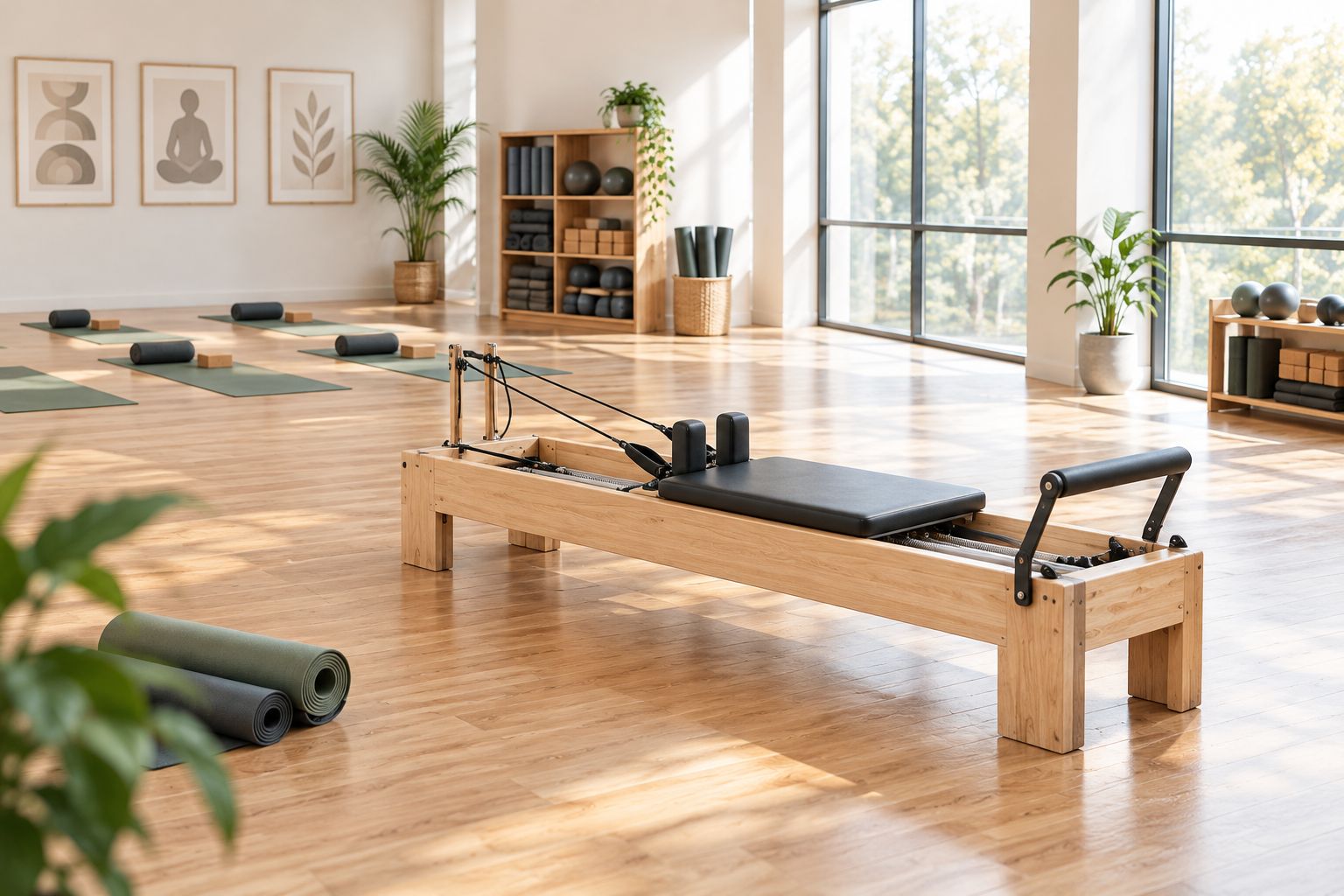 Yoga studio space with a Reformer, yoga mats, and clearly separated training areas