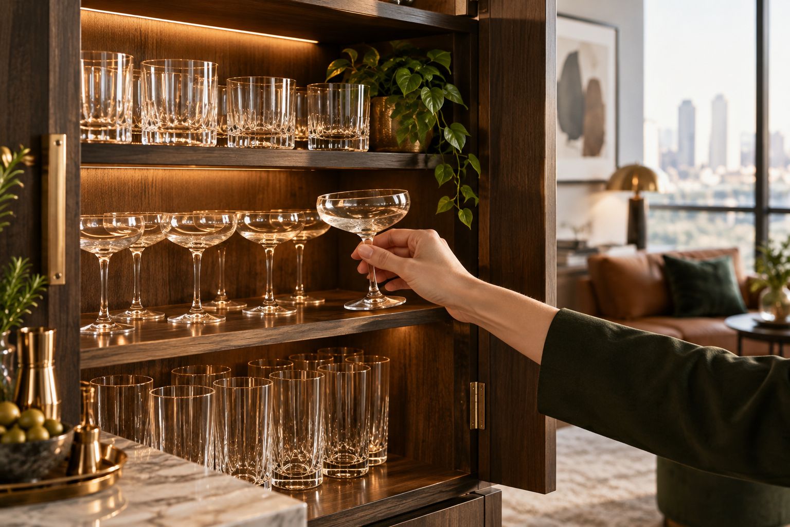 A hand lifting a coupe from a home bar shelf with space above and beside the glass