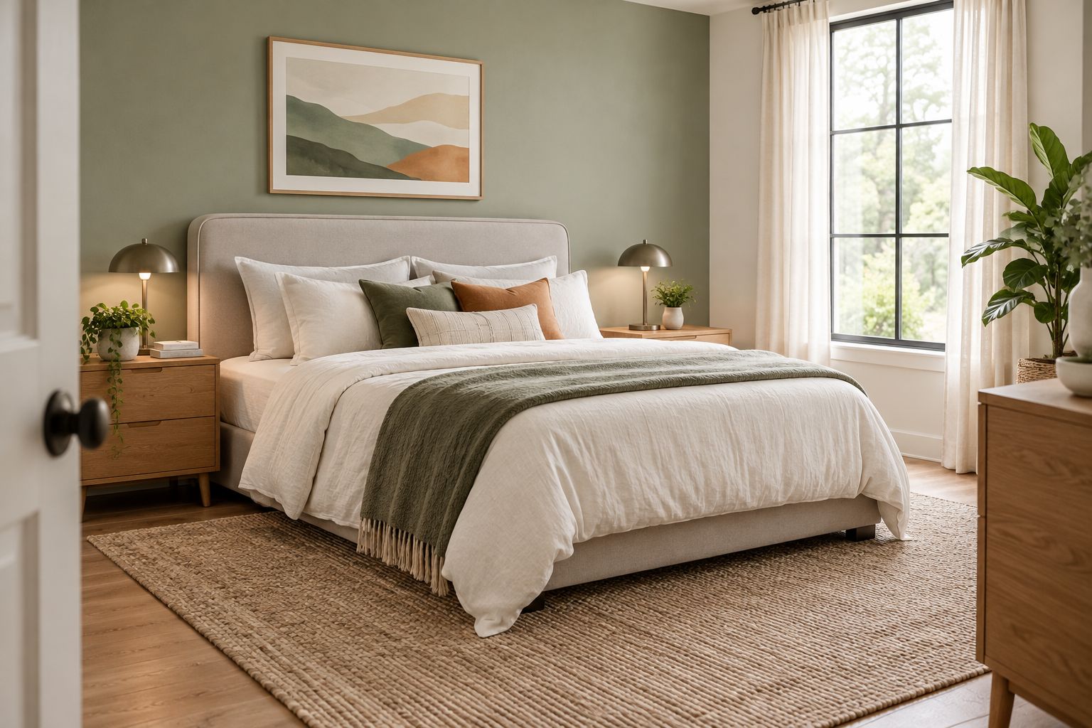 A bedroom combining layered white bedding, timber bedside tables and understated metal lamps.