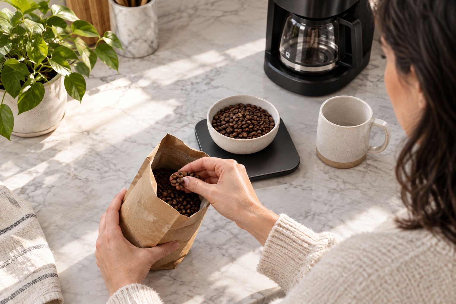 Coffee beans being weighed beside a home drip coffee maker