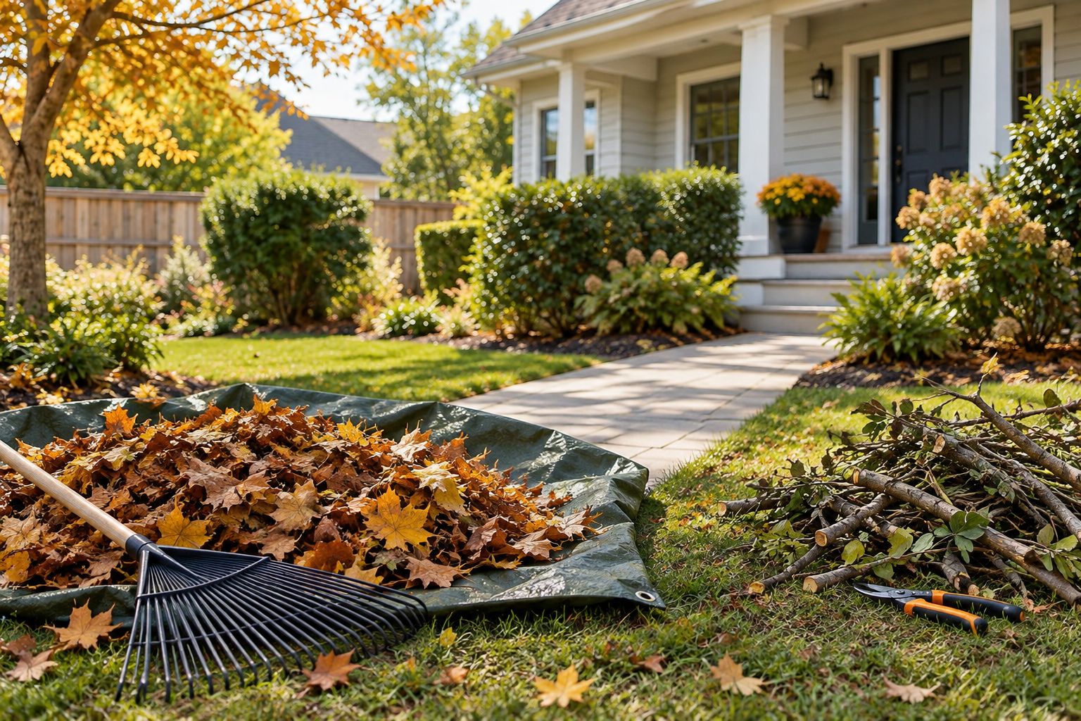 Clear rental home walkway with leaves and small branches collected separately