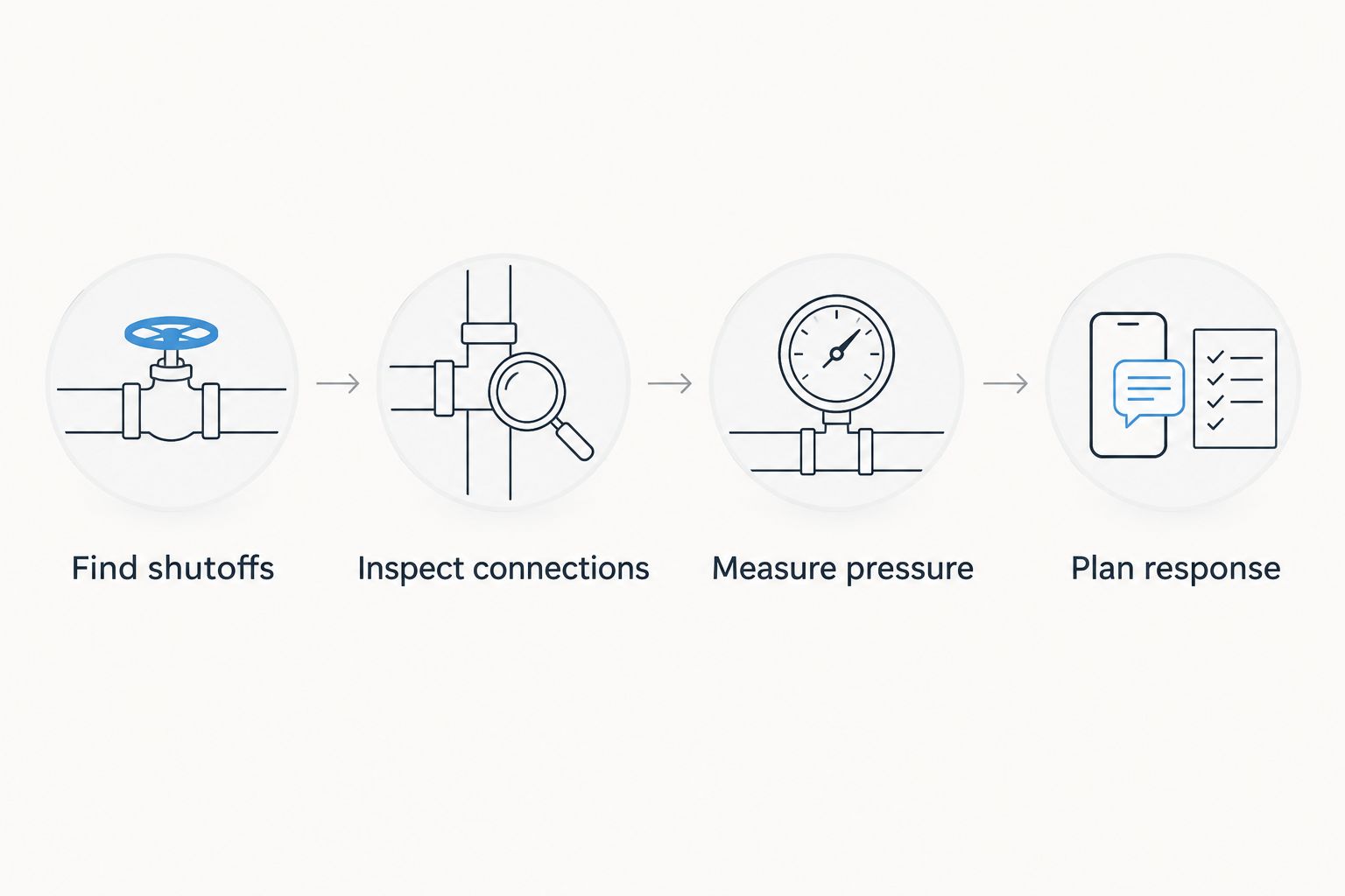 Four planning steps covering shutoffs, connections, pressure, and leak response