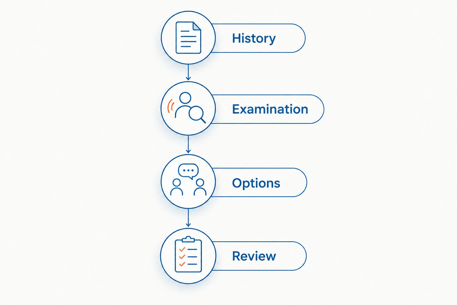 Four assessment stages: history, examination, options and review