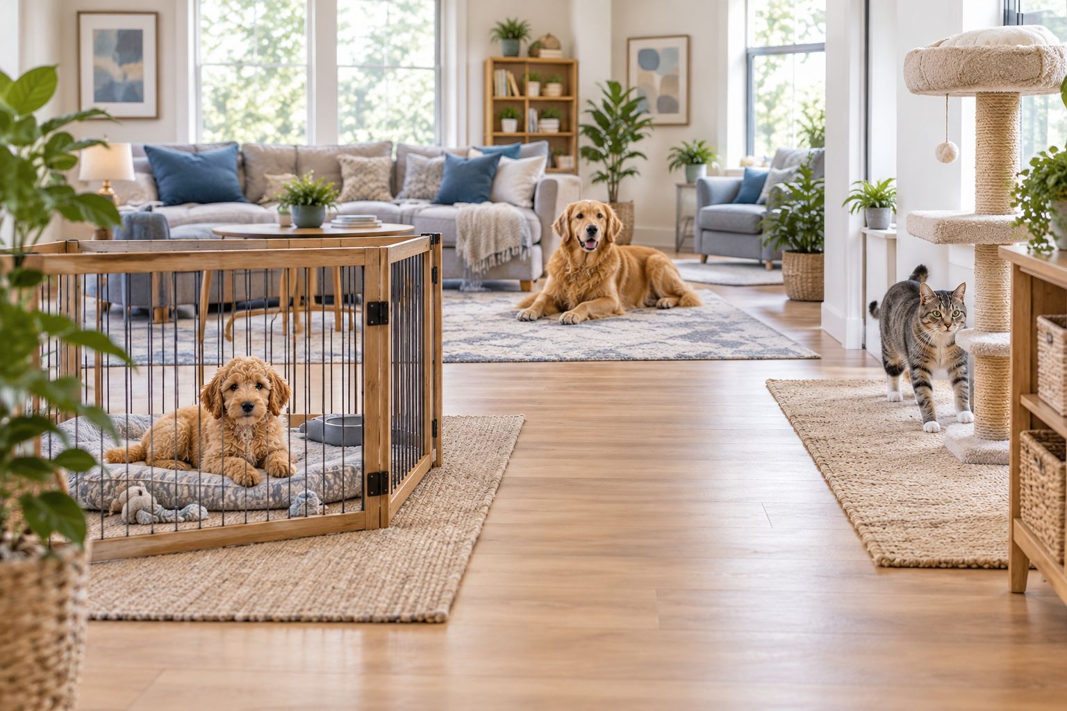Separate puppy and resident-pet spaces with a secure gate and a clear route to a cat perch