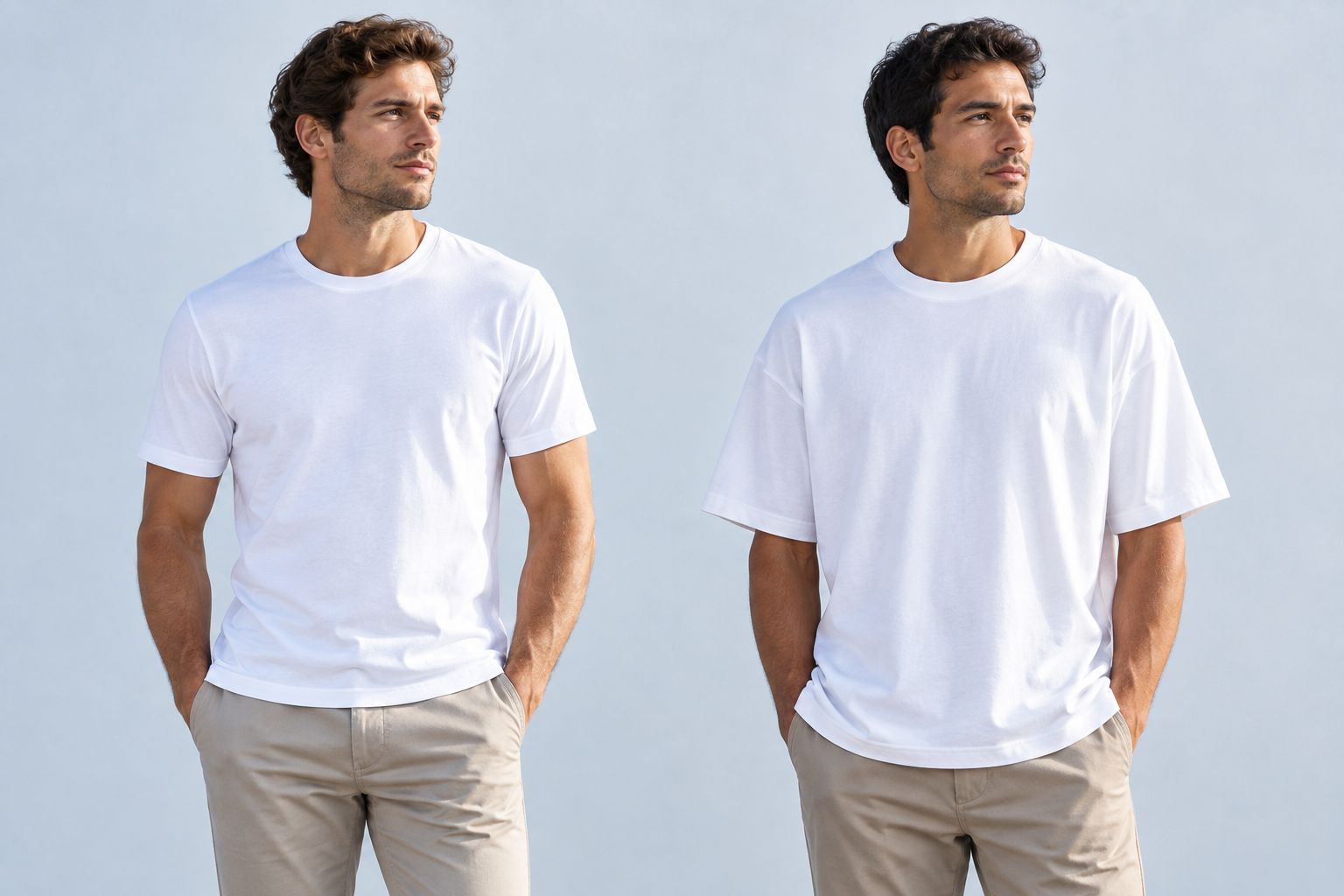 Regular and relaxed t-shirt fits showing different shoulders, sleeves and body proportions