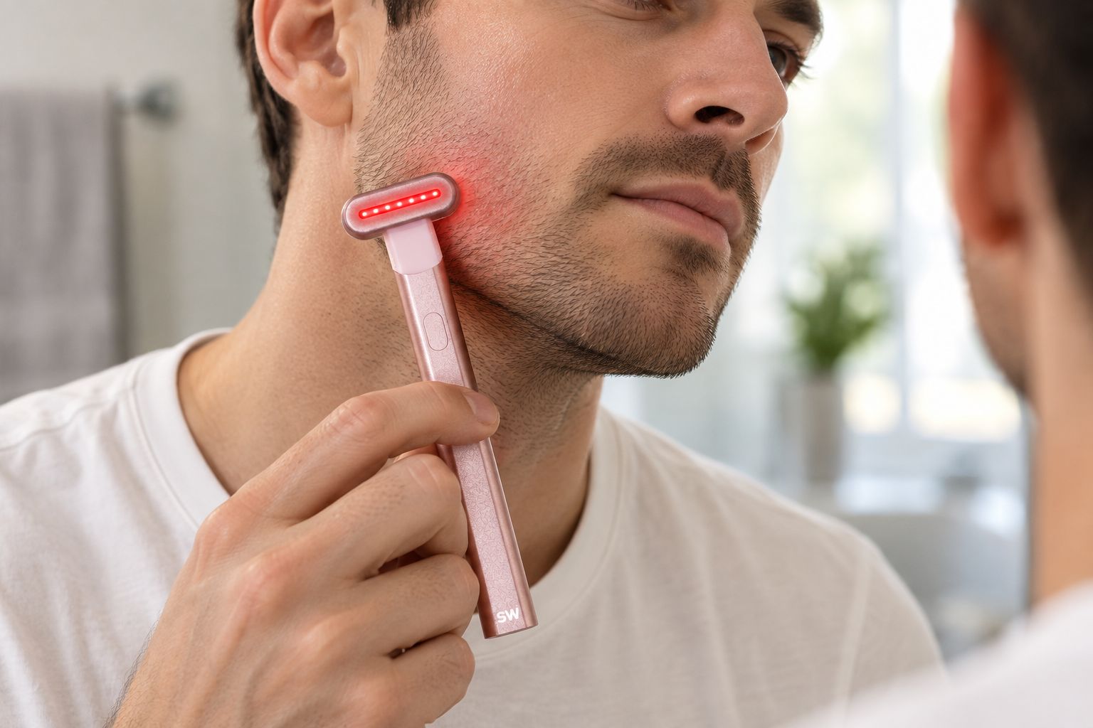 Man using a handheld red light therapy wand on his jawline