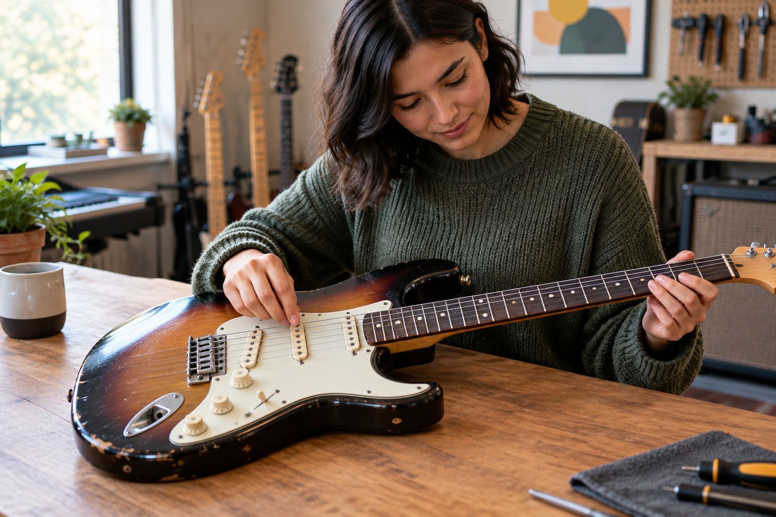 Used electric guitar being inspected, with frets, bridge, and output jack visible