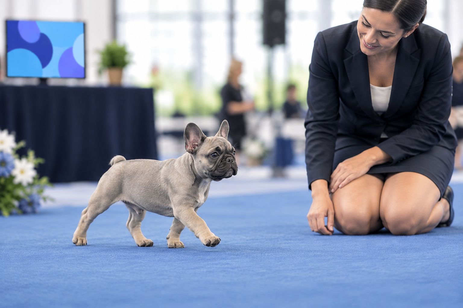 French Bulldog puppy walking on a nonslip surface for a movement assessment