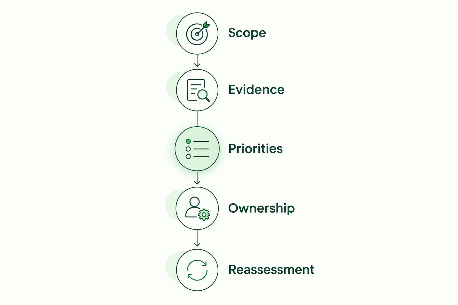 Assessment sequence from defining scope through evidence, priorities, ownership and reassessment