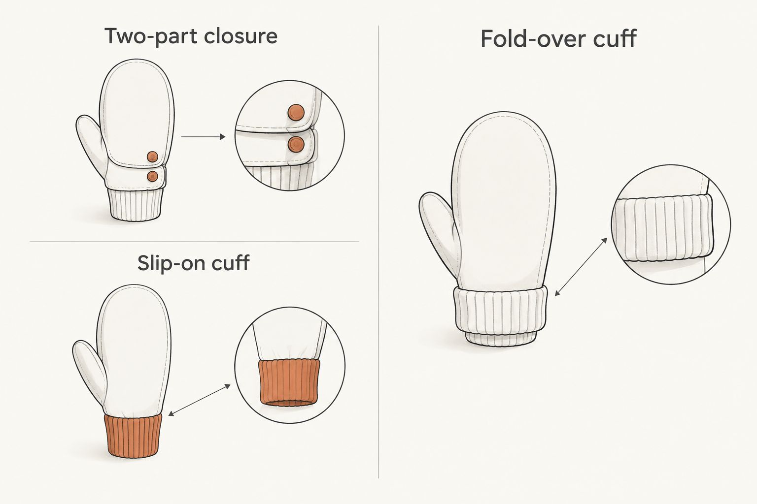 Comparison of a two-part closure, a slip-on cuff, and a fold-over cuff