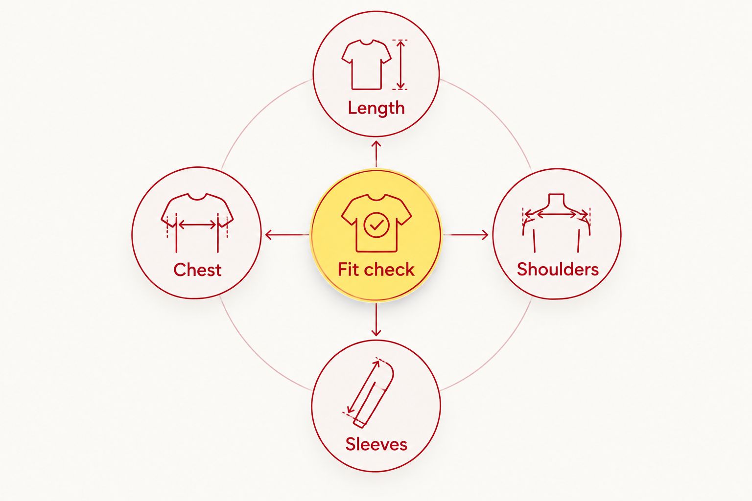 Fit check diagram connecting tee length, chest width, shoulders, and sleeves