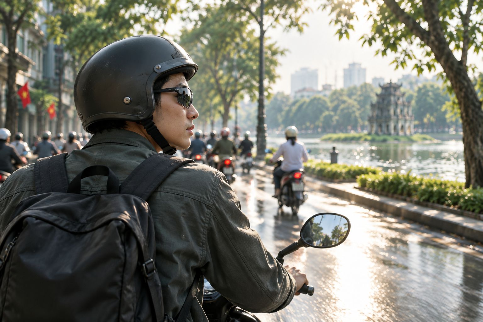 Người đi xe máy đội mũ bảo hiểm đeo kính râm ôm sát trên đường phố Hà Nội
