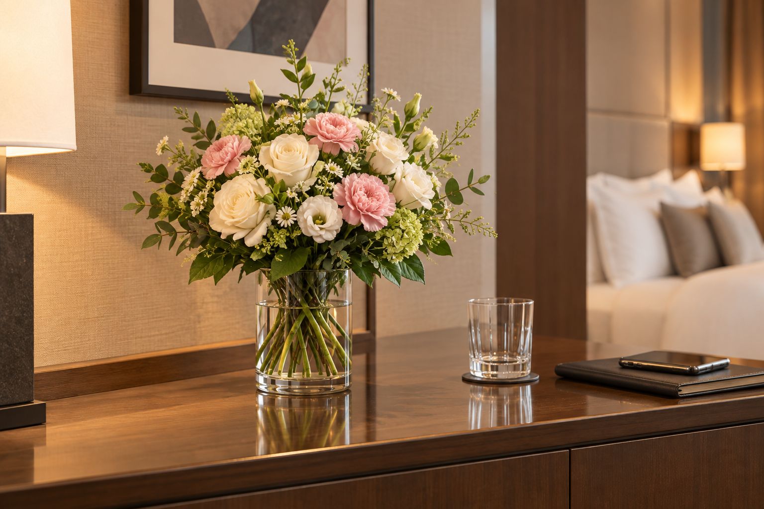 Compact flowers on a hotel console with clear space for the guest's belongings