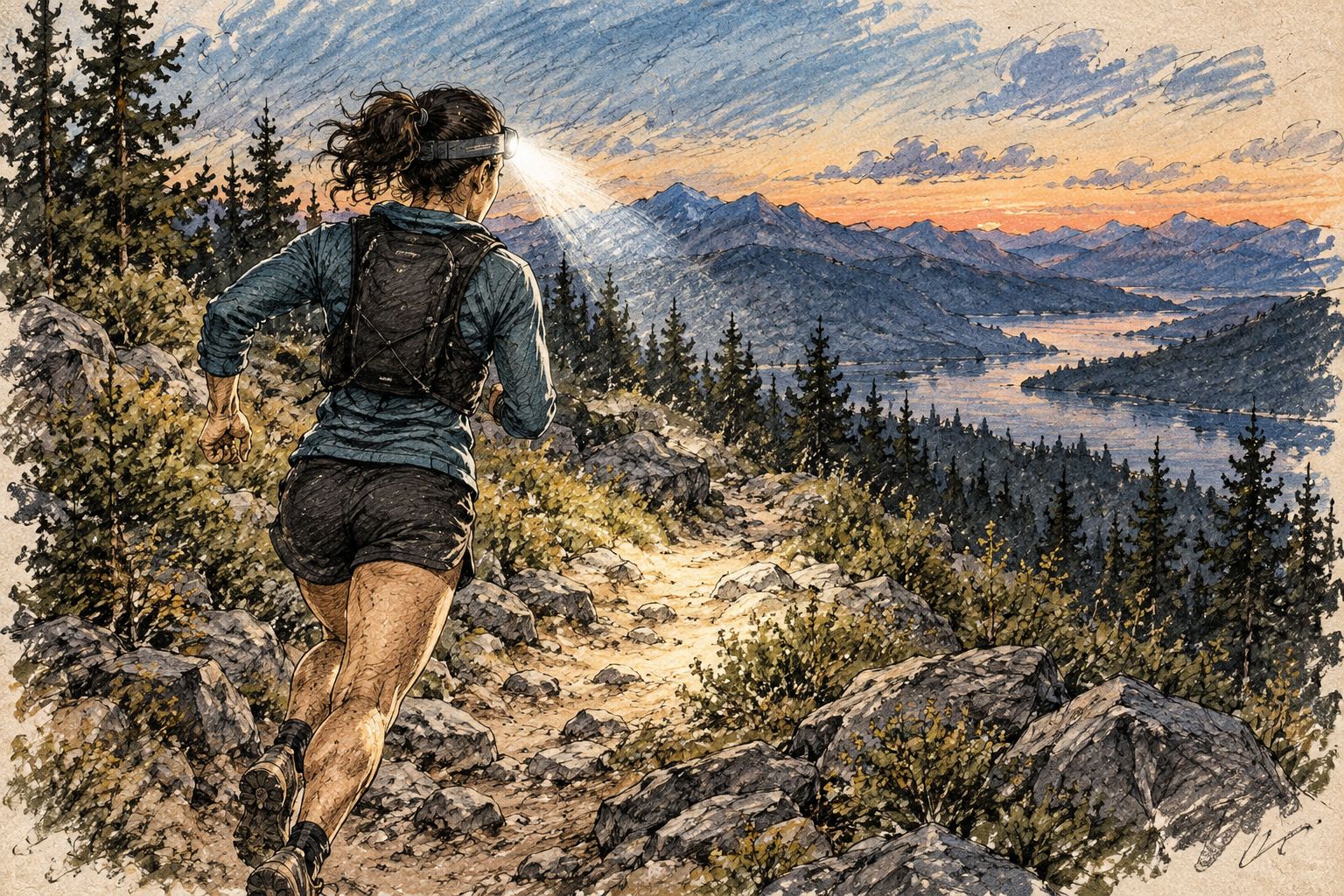 Runner using a headlamp to see uneven footing and the trail ahead